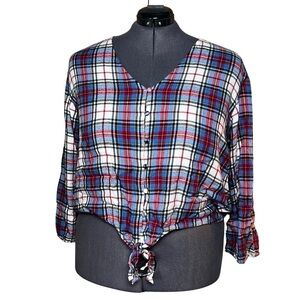 Lane Bryant Plaid Flannel Classic Button-Down Tie-Hem Top (Size 18)